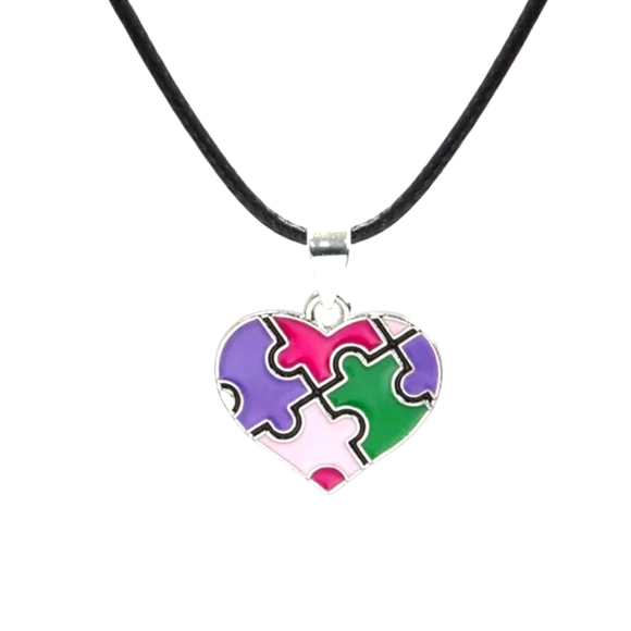 New Autism Awareness Necklace Heart Puzzle Piece Charm Silver Chain Pink - Picture 8 of 8
